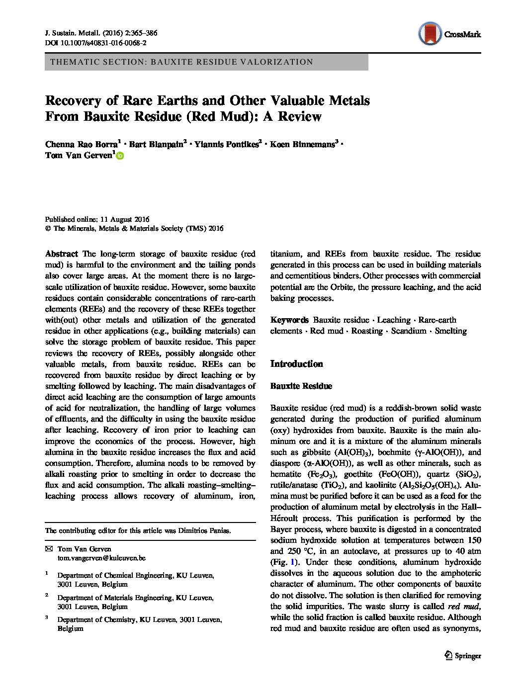 Recovery of Rare Earths and Other Valuable Metals from Bauxite Residue (Red Mud) – A Review